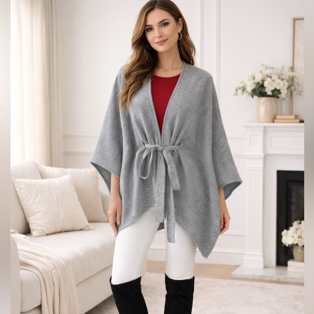 Women’s Cozy Gray Belted Poncho Open Cardigan One Size